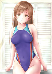 Rule 34 | 1girl, absurdres, bloom, blue one-piece swimsuit, blush, breasts, brown eyes, brown hair, ca paria, competition swimsuit, covered navel, cowboy shot, groin, highleg, highleg swimsuit, highres, idolmaster, idolmaster cinderella girls, light particles, long hair, looking at viewer, medium breasts, nitta minami, one-piece swimsuit, parted lips, solo, swimsuit