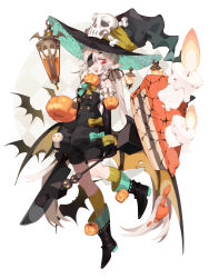 Rule 34 | 1girl, 21 ke, absurdres, argyle, black footwear, black hat, black romper, black sleeves, black wings, bone, boots, bow, bowtie, cake, cake slice, candle, chinese commentary, commentary request, detached sleeves, earrings, eyepatch, fang, fantasy, food, full body, glowing, green bow, green bowtie, green footwear, green hat, grey hair, hair between eyes, halloween, halloween bucket, halloween costume, hat, highres, holding, jack-o&#039;-lantern, jewelry, knee boots, kneehighs, long hair, long sleeves, melting, one eye covered, open mouth, original, pointy ears, ponytail, pumpkin, red eyes, romper, skull, skull and crossbones, sleeveless, smile, socks, solo, spider web print, striped bow, striped bowtie, striped clothes, twintails, two-sided fabric, two-sided headwear, two-tone bowtie, very long hair, white background, wings, witch hat, yellow bow, yellow bowtie, yellow socks