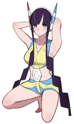 Rule 34 | 1girl, absurdres, armpits, arms behind head, blue eyes, blunt bangs, blush, breasts, closed mouth, collarbone, commentary request, creatures (company), elesa (pokemon), eyelashes, flats, full body, game freak, highres, kneeling, looking at viewer, nintendo, nishikino kee, on one knee, pokemon, pokemon bw2, purple hair, red footwear, short hair with long locks, sidelocks, solo, sweat
