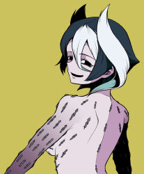 Rule 34 | 1girl, black eyes, black hair, colored extremities, gradient skin, hair horns, made in abyss, multicolored hair, ononaka akihiro, open mouth, ozen, piercing, simple background, smile, solo, streaked hair, topless, white hair, yellow background