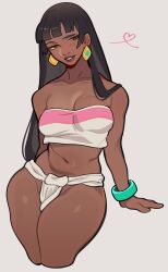 Rule 34 | 1girl, bandeau, black hair, blush, breasts, brown eyes, chel (the road to el dorado), cleavage, collarbone, cropped legs, dangle earrings, dark-skinned female, dark skin, earrings, feet out of frame, green bracelet, heart, highres, hime cut, jewelry, loincloth, long hair, medium breasts, navel, no panties, parted lips, pink bandeau, porqueloin, red lips, revealing clothes, solo, stomach, straight hair, the road to el dorado, thick thighs, thighs, white background, white bandeau, wide hips