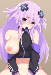 Rule 34 | 1girl, adult neptune, blush, breasts, choker, d-pad, d-pad hair ornament, hair between eyes, hair ornament, highres, jacket, katade, large breasts, long hair, looking at viewer, mouth hold, navel, neptune (series), nipples, one breast out, paid reward available, purple eyes, purple hair, smile, solo, very long hair