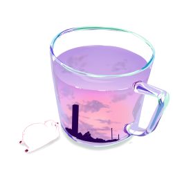 Rule 34 | animal, animal focus, bear, chai (drawingchisanne), cityscape, commentary, cup, double exposure, glass, looking at object, lying, no humans, on stomach, original, polar bear, shadow, signature, simple background, sunset, utility pole, white background