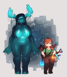 Rule 34 | ..., 2girls, ?, alex (minecraft), backpack, bag, bandaid, bandaid on arm, boots, bottomless, breasts, bucket, commentary, dripping, english commentary, giant, giantess, glowing horns, hair over eyes, height difference, hood, hooves, horns, justrube, lantern, large breasts, long hair, looking away, minecraft, multiple girls, navel, pickaxe, ponytail, ribs, short sleeves, shovel, signature, souls, sweatdrop, sword, thigh boots, torch, warden (minecraft), weapon, wet