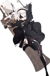 Rule 34 | 1girl, bad id, bad twitter id, black dress, black thighhighs, blindfold, breasts, chain, dress, hair over one eye, holding, holding weapon, knee up, medium breasts, nier:automata, nier (series), parted lips, pod (nier:automata), shiromiso, short hair, silver hair, simple background, skinny, solo, thighhighs, weapon, white background, 2b (nier:automata)