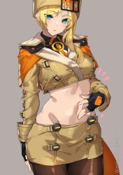 Rule 34 | 1girl, arm scarf, ashiomi masato, black gloves, blonde hair, blue eyes, blush, breasts, brown coat, buttons, coat, crop top, fingerless gloves, fur hat, gloves, grey background, guilty gear, guilty gear strive, hand on own stomach, hat, heart, highres, medium breasts, midriff, millia rage, navel, open mouth, pantyhose, short hair, simple background, solo, stomach, twitter username, ushanka
