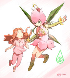 Rule 34 | 2girls, artist name, brown eyes, brown hair, digimon, digimon (creature), digimon adventure, fairy, flower, flying, glitter-nicky, green eyes, lilimon, long hair, looking at another, monster girl, multiple girls, open mouth, petals, plant girl, smile, tachikawa mimi, teeth, upper teeth only, wings