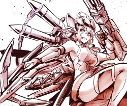 Rule 34 | 1girl, ahoge, bow (weapon), breasts, crossbow, dual wielding, gatling gun, grin, highres, holding, ishiyumi, large breasts, limited palette, missile, senki zesshou symphogear, smile, solo, thighhighs, weapon, white background, yukine chris