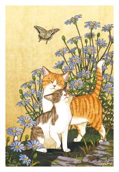 Rule 34 | animal focus, bug, butterfly, cat, closed eyes, flower, bug, lizard, no humans, original, rock, signature, tabby cat, takigraphic