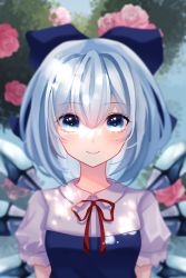 Rule 34 | 1girl, absurdres, blue bow, blue eyes, blue hair, blurry, blurry background, bow, breasts, cirno, cirno day, collared shirt, dress, fairy, hair bow, hair ribbon, highres, ice, ice wings, looking at viewer, portrait, puffy sleeves, red ribbon, ribbon, rie inthanin, shirt, short hair, short sleeves, small breasts, smile, solo, touhou, wings
