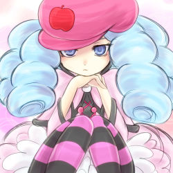 Rule 34 | 10s, 1girl, 793 (artist), apple, blue eyes, blue hair, dress, eyelashes, food, fruit, happinesscharge precure!, hat, hosshiwa, long hair, looking at viewer, matching hair/eyes, pantyhose, pink dress, pink hat, precure, ringlets, sitting, sketch, solo, striped clothes, striped pantyhose