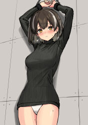Rule 34 | 1girl, arknights, arms up, bdsm, black hair, black sweater, blush, bondage, bound, bound wrists, breasts, cowboy shot, highres, long sleeves, looking ahead, looking at viewer, magallan (arknights), medium breasts, multicolored hair, no pants, panties, parted lips, restrained, revision, short hair, sigm@, sketch, solo, streaked hair, sweater, tears, two-tone hair, underwear, variant set, white hair, white panties, yellow eyes