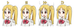 Rule 34 | 1girl, arrow (symbol), blonde hair, blurry, blush, bocchi the rock!, bow, bowtie, brown eyes, closed mouth, collared shirt, commentary request, expressive hair, ijichi nijika, long hair, looking at viewer, multiple views, parted bangs, parted lips, red bow, red bowtie, shirt, side ponytail, sidelocks, smile, split mouth, tenten (chan4545), upper body, white background, white shirt