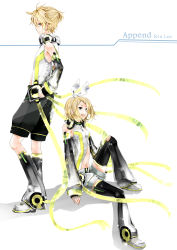 Rule 34 | 00s, 1boy, 1girl, absurdres, arm warmers, asasumiboochan, bad id, bad pixiv id, blonde hair, blue eyes, brother and sister, detached sleeves, hair ornament, hair ribbon, hairclip, headphones, highres, kagamine len, kagamine len (append), kagamine rin, kagamine rin (append), leg warmers, ribbon, short hair, shorts, siblings, smile, twins, vocaloid, vocaloid append