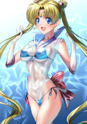 Rule 34 | 1girl, :d, back bow, bikini, bikini under clothes, bishoujo senshi sailor moon, blonde hair, blue background, blue bikini, blue eyes, blue sailor collar, blush, bow, breasts, choker, circlet, commentary request, covered navel, cowboy shot, crescent, crescent earrings, double bun, earrings, elbow gloves, gloves, gradient background, hair bun, highleg, highleg leotard, jewelry, leotard, long hair, looking at viewer, medium breasts, open mouth, parted bangs, pink choker, red bow, sailor collar, sailor moon, see-through, sen (sansui), short sleeves, side-tie bikini bottom, smile, solo, star (symbol), starry background, swimsuit, tareme, tsukino usagi, twintails, underboob, very long hair, white gloves, white leotard