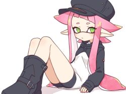 Rule 34 | 1girl, black footwear, black hat, closed mouth, commentary request, eyelashes, full body, green eyes, hat, inkling, inkling girl, inkling player character, inuowour, long hair, nintendo, pink hair, pointy ears, shoes, simple background, sitting, solo, splatoon (series), tentacle hair, white background