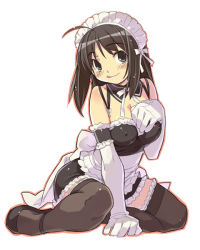 Rule 34 | 00s, 1girl, :d, ahoge, apron, arm garter, arm support, bare shoulders, between breasts, black eyes, black hair, blush, breasts, covered erect nipples, detached collar, elbow gloves, facing viewer, frilled thighhighs, frills, full body, gloves, kizaki, kneeling, kore ga watashi no goshujin-sama, kurauchi anna, large breasts, looking at viewer, maid, maid headdress, mary janes, nakabayashi yoshitaka&#039;s maid uniform, open mouth, orange outline, outline, shoes, short hair, simple background, sitting, smile, solo, thighhighs, tongue, volvox, wariza, white apron, white background, white gloves, zettai ryouiki