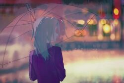 Rule 34 | 1boy, ahoge, blonde hair, blurry, blurry background, caddy rain, closed mouth, commentary, from behind, holding, holding umbrella, jacket, long hair, long sleeves, makoto kagutsuchi, male focus, master detective archives: rain code, outdoors, purple jacket, smile, solo, transparent, transparent umbrella, umbrella, upper body