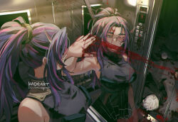 Rule 34 | 1girl, armpits, artist name, bare shoulders, blood, boku no hero academia, breasts, commentary, crack, cracked glass, dress, elevator, elevator door, english commentary, face down, from above, high ponytail, kadeart, lady nagant, large breasts, lying, mirror, multicolored hair, on floor, on stomach, purple eyes, purple hair, push-button, reflection, sleeveless, sleeveless turtleneck, sleeveless turtleneck dress, smeared blood, solo focus, tile floor, tiles, turtleneck, turtleneck dress, two-tone hair, unconscious, white hair
