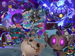 Rule 34 | absurdres, banette, blue fire, chandelure, cofagrigus, colored sclera, commentary request, creatures (company), cursola, dreepy, drifblim, drifloon, dusclops, dusknoir, energy, fangs, fire, galarian corsola, galarian form, game freak, gastly, gen 1 pokemon, gen 2 pokemon, gen 3 pokemon, gen 4 pokemon, gen 5 pokemon, gen 6 pokemon, gen 7 pokemon, gen 8 pokemon, gengar, gigantamax, gigantamax gengar, glowing, glowing eyes, haunter, highres, jellicent, jellicent (female), legendary pokemon, litwick, looking at viewer, mimikyu, misdreavus, nintendo, no humans, open mouth, phantump, pokemon, pokemon (creature), polteageist, purple eyes, red eyes, rio (user nvgr5434), rotom, rotom (normal), runerigus, sandygast, shuppet, sinistea, smile, spectrier, spiritomb, tongue, tongue out, yamask, yellow eyes, yellow sclera