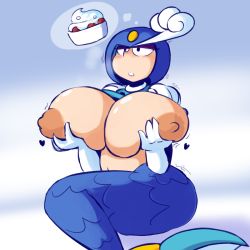 Rule 34 | 1girl, android, black eyes, blush, breast hold, breast lift, breasts, cake, clothes lift, fin, fins, fish tail, food, fupoo, gloves, gradient background, heart, helmet, holding, huge breasts, imagining, large areolae, mega man (series), mermaid, monster girl, no humans, puffy areolae, robot, shirt lift, simple background, sitting, solo, splash woman, tail, thought bubble, trembling, white gloves