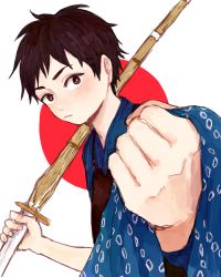 Rule 34 | 1boy, black hair, brown eyes, clenched hand, expressionless, highres, holding, looking at viewer, mush machou, original, red circle, short hair, solo, upper body