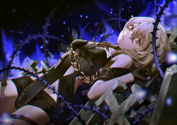 Rule 34 | 1girl, alchemy stars, areia (alchemy stars), bad id, bad pixiv id, black dress, black gloves, black shorts, blonde hair, braid, chain, clothing cutout, commentary, cross, dress, fishnets, gloves, gold chain, highres, long hair, looking at viewer, lying, nea (nongta2002), on back, parted lips, plant, short shorts, shorts, single braid, solo, spikes, thorns, tombstone, vines, yellow eyes