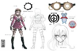 Rule 34 | 1girl, antenna hair, barbed wire, blonde hair, blue eyes, boots, bow, breasts, character sheet, choker, collarbone, concept art, danganronpa (series), danganronpa v3: killing harmony, fingerless gloves, full body, gloves, goggles, goggles on head, hair between eyes, high heel boots, high heels, highres, iruma miu, komatsuzaki rui, long hair, looking at viewer, multiple views, official art, open mouth, pleated skirt, school uniform, serafuku, simple background, skirt, smile, tongue, tongue out, translation request, wavy hair, white background