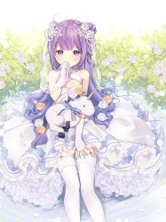 Rule 34 | 1girl, ahoge, azur lane, bare shoulders, blush, breasts, commentary request, covered mouth, dress, elbow gloves, flower, garter straps, gloves, hair bun, hair flower, hair ornament, highres, holding, one side up, petals, purple eyes, purple hair, rose, see-through, side bun, silltare, single hair bun, single side bun, sitting, sleeveless, sleeveless dress, small breasts, solo, stuffed animal, stuffed pegasus, stuffed toy, stuffed unicorn, stuffed winged unicorn, thighhighs, twitter username, unicorn (azur lane), veil, white dress, white flower, white gloves, white rose, white thighhighs, yellow flower, yellow rose