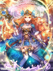 Rule 34 | 1girl, armored boots, blonde hair, blue skirt, boots, breasts, capelet, choker, cleavage, copyright name, dragon tactics, floating hair, frilled skirt, frills, glint, gloves, hair between eyes, helmet, holding, holding staff, knees together feet apart, long hair, looking at viewer, magic circle, medium breasts, miniskirt, official art, open mouth, red eyes, rioka (southern blue sky), skirt, solo, staff, thighhighs, very long hair, wavy hair, white gloves, white thighhighs, winged footwear
