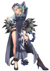 Rule 34 | 1girl, absurdres, belt, blush, breasts, chain, cleavage, cleavage cutout, clothing cutout, dark priest, demon girl, demon tail, dress, feathers, from below, headdress, high heels, highres, jing mian tu, legs, loincloth, long hair, medium breasts, monster girl, monster girl encyclopedia, nun, pointy ears, priest, purple eyes, robe, shoes, side slit, silver hair, solo, tail, thighs, yamai chuu