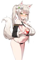 Rule 34 | 1girl, absurdres, animal ears, armpits, artist request, bare shoulders, black panties, blush, bow, breasts, commission, cowboy shot, crop top, finger to mouth, fox ears, fox girl, fox tail, green eyes, grin, hair bow, heart pasties, highres, large breasts, long hair, long sleeves, looking at viewer, naughty face, navel, no pants, nose blush, off shoulder, original, panties, pasties, ponytail, second-party source, shirt, shushing, smile, solo, standing, stomach, string panties, tail, tail raised, taut clothes, taut shirt, thighs, underwear, white hair, white shirt