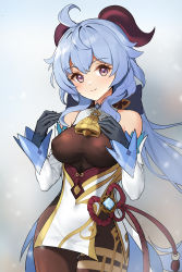 Rule 34 | absurdres, ahoge, arms up, bare shoulders, bell, black gloves, black pantyhose, blue hair, blush, bow, breasts, chinese knot, covered erect nipples, detached sleeves, ebi bento, flower knot, ganyu (genshin impact), genshin impact, gloves, gold trim, hand on own chest, highres, horns, long hair, looking at viewer, low ponytail, medium breasts, multicolored eyes, neck bell, pantyhose, purple eyes, sidelocks, simple background, smile, solo, standing, tassel, thighlet, vision (genshin impact), white sleeves