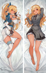 Rule 34 | 1girl, ahoge, ass, bare legs, barefoot, bed sheet, black gloves, black ribbon, blonde hair, blush, bow, breasts, butt crack, chinese clothes, closed mouth, clothing cutout, dakimakura (medium), dark-skinned female, dark skin, dress, elf, full body, gloves, grey dress, hair bow, highres, hololive, lack, long hair, long sleeves, looking at viewer, lying, medium breasts, multicolored hair, multiple views, neck ribbon, non-web source, official alternate costume, official art, on back, on side, open mouth, pinstripe dress, pinstripe pattern, pointy ears, ponytail, red eyes, ribbon, sailor collar, shiranui flare, shiranui flare (street), short dress, shoulder cutout, sideboob, single thighhigh, smile, streaked hair, striped clothes, striped dress, thighhighs, thighs, two-tone hair, vertical-striped clothes, vertical-striped dress, virtual youtuber, white hair, white thighhighs