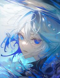 Rule 34 | 1girl, air bubble, blue eyes, blue hair, bubble, crying, crying with eyes open, fang, floating hair, furina (genshin impact), genshin impact, hair between eyes, highres, kkamiiz, long hair, looking at viewer, lower teeth only, multicolored hair, open mouth, portrait, reflection, reflective water, solo, streaked hair, teardrop, tears, teeth, water