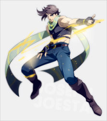 Rule 34 | 1boy, bad id, bad pixiv id, bare shoulders, battle tendency, belt, black hair, blue eyes, boots, brown hair, character name, crop top, denim, electricity, fighting stance, fingerless gloves, full body, gloves, grey background, jeans, jojo no kimyou na bouken, joseph joestar, joseph joestar (young), male focus, midriff, pants, pointing, scarf, simple background, sleeveless, solo, striped clothes, striped scarf, sumizuki