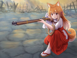 Rule 34 | 1girl, animal ear fluff, animal ears, blush, brown footwear, brown hair, closed mouth, commentary request, commission, dog ears, dog girl, dog tail, fire, gun, hakama, hakama skirt, highres, holding, holding gun, holding weapon, iroha (iroha matsurika), japanese clothes, kimono, long hair, miko, on one knee, original, outdoors, pixiv commission, red eyes, red hakama, rifle, sandals, shiba inu, short eyebrows, skirt, smile, socks, solo, tabi, tail, thick eyebrows, very long hair, weapon, white kimono, white socks, zouri