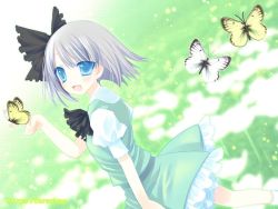 Rule 34 | 1girl, :d, animal, black bow, black bowtie, blush, bow, bowtie, bug, butterfly, cowboy shot, dress, dutch angle, female focus, from behind, green dress, hair bow, hinayuki usa, insect, konpaku youmu, looking at viewer, looking back, open mouth, smile, solo, tareme, touhou