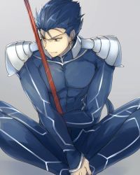 Rule 34 | 1boy, armor, blue bodysuit, blue hair, bodysuit, cu chulainn (fate), cu chulainn (fate/stay night), earrings, echo (circa), fate/stay night, fate (series), gae bolg (fate), grey background, holding, holding spear, holding weapon, indian style, jewelry, looking to the side, male focus, pauldrons, polearm, red eyes, shoulder armor, simple background, sitting, solo, spear, weapon