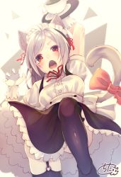 Rule 34 | 1girl, animal ear fluff, animal ears, arm up, black footwear, black skirt, black thighhighs, blush, bow, breasts, cat ears, cat girl, cat tail, chita (ketchup), collared shirt, commentary request, cup, dress shirt, fangs, garter straps, gloves, hair ribbon, high-waist skirt, highres, holding, holding saucer, long hair, medium breasts, o-ring, open mouth, original, parted bangs, puffy short sleeves, puffy sleeves, red bow, red eyes, red ribbon, ribbon, saucer, shirt, shoes, short sleeves, signature, silver hair, skirt, solo, standing, standing on one leg, suspender skirt, suspenders, tail, tail bow, tail ornament, tail raised, tea, teacup, thighhighs, v-shaped eyebrows, white gloves, white shirt