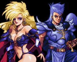 Rule 34 | 1boy, 1girl, alternate hair length, alternate hairstyle, ares (brandish), armor, bare shoulders, bikini armor, blonde hair, blue eyes, blue hair, brandish (video game), breastplate, breasts, cape, cleavage, dela delon, earrings, eyeshadow, falcom, jewelry, knight, long hair, makeup, medium breasts, midriff, navel, necklace, pauldrons, pixel art, red cape, scar, shoulder armor, witch, staff, sword, weapon