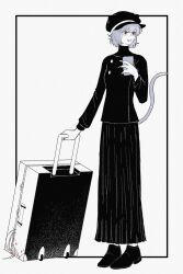 Rule 34 | 1other, androgynous, animal ears, black shirt, black skirt, blood, brown eyes, cabbie hat, cat ears, cat tail, cellphone, chimera ant, fingernails, full body, hat, highres, holding, holding luggage, holding phone, holding suitcase, hunter x hunter, long skirt, long sleeves, looking to the side, neferpitou, other focus, partially colored, phone, rolling suitcase, shirt, short hair, simple background, skirt, smartphone, smile, solo, suitcase, tail, white background, white hair, ybmghj222