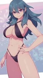 Rule 34 | 1girl, alternate costume, bikini, black bikini, black bow, blue eyes, blue hair, bow, breasts, byleth (female) (fire emblem), byleth (fire emblem), closed mouth, fire emblem, fire emblem: three houses, hand on own hip, highres, lamb-oic029, large breasts, looking at viewer, navel, nintendo, o-ring, o-ring bikini, o-ring bottom, smile, solo, standing, stomach, swimsuit, thighs