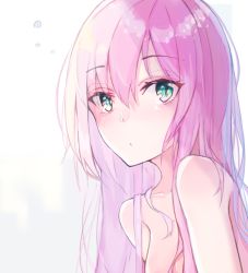 Rule 34 | 1girl, bare arms, bare shoulders, blush, breasts, closed mouth, collarbone, commentary, green eyes, hair between eyes, hair over shoulder, hyakunin momoko, long hair, looking at viewer, medium breasts, no bra, no shirt, original, pink hair, simple background, solo, tareme, upper body