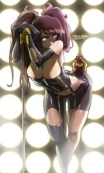 Rule 34 | 2girls, alternate costume, ass, asymmetrical clothes, backlighting, bent over, black gloves, bodice, breasts, brown hair, character doll, cleavage, commentary, covered mouth, crossed ankles, dark persona, elbow gloves, english commentary, front zipper, gloves, gluteal fold, haysey, highres, kujikawa rise, large breasts, latex, latex gloves, latex pants, long hair, looking at viewer, microphone, microphone stand, multiple girls, pants, persona, persona 4, persona 5, ribbon, single pantsleg, skindentation, solo, stage lights, strapless, sweat, takamaki anne, thigh gap, torn clothes, torn gloves, torn pants, twintails, wrist ribbon