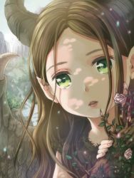 Rule 34 | 1girl, aged down, animification, brown hair, child, curious, dappled sunlight, day, disney, feathered wings, fireflies, flower, forest, green eyes, hair behind ear, horns, long hair, looking at viewer, maleficent, maleficent (movie), moss, nature, parted lips, plant, portrait, rose, sleeping beauty, solo, stream, sunlight, todo-akira, wavy hair, wings