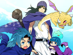 Rule 34 | 1girl, 2boys, blue eyes, blue hair, brother and sister, cape, clooo, dragon, small fry (dragon quest), dragon quest, dragon quest v, father and daughter, father and son, gloves, hero&#039;s daughter (dq5), hero&#039;s son (dq5), hero (dq5), lowres, multiple boys, siblings, slime (dragon quest), staff, twins