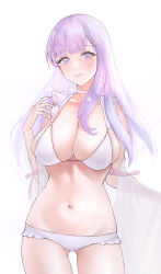 Rule 34 | 1girl, absurdres, azur lane, bikini, blush, breasts, choker, cl (summer sama), cleavage, cowboy shot, frilled bikini, frills, gluteal fold, grin, hair ornament, hand up, highres, large breasts, looking at viewer, navel, parted lips, plymouth (azur lane), purple eyes, purple hair, see-through, simple background, smile, solo, swept bangs, swimsuit, white background, white bikini, white choker