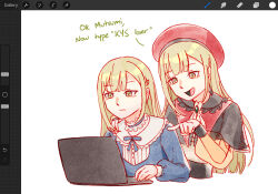 2girls art_program_in_frame bang_dream! bang_dream!_it&#039;s_mygo!!!!! beret black_capelet blonde_hair blue_choker blue_dress capelet choker commentary computer dress dual_persona english_text frilled_choker frills green_brooch hat highres laptop long_hair medusation mortis_(bang_dream!) multiple_girls open_mouth procreate_(medium) red_hat simple_background wakaba_mutsumi white_background yellow_eyes