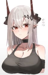 Rule 34 | 1girl, absurdres, arknights, armband, bare shoulders, black choker, blush, breasts, choker, cleavage, collarbone, commentary request, grey background, grey hair, hair between eyes, highres, horn/wood, horns, large breasts, looking at viewer, mudrock (arknights), parted lips, pointy ears, red eyes, simple background, solo, upper body